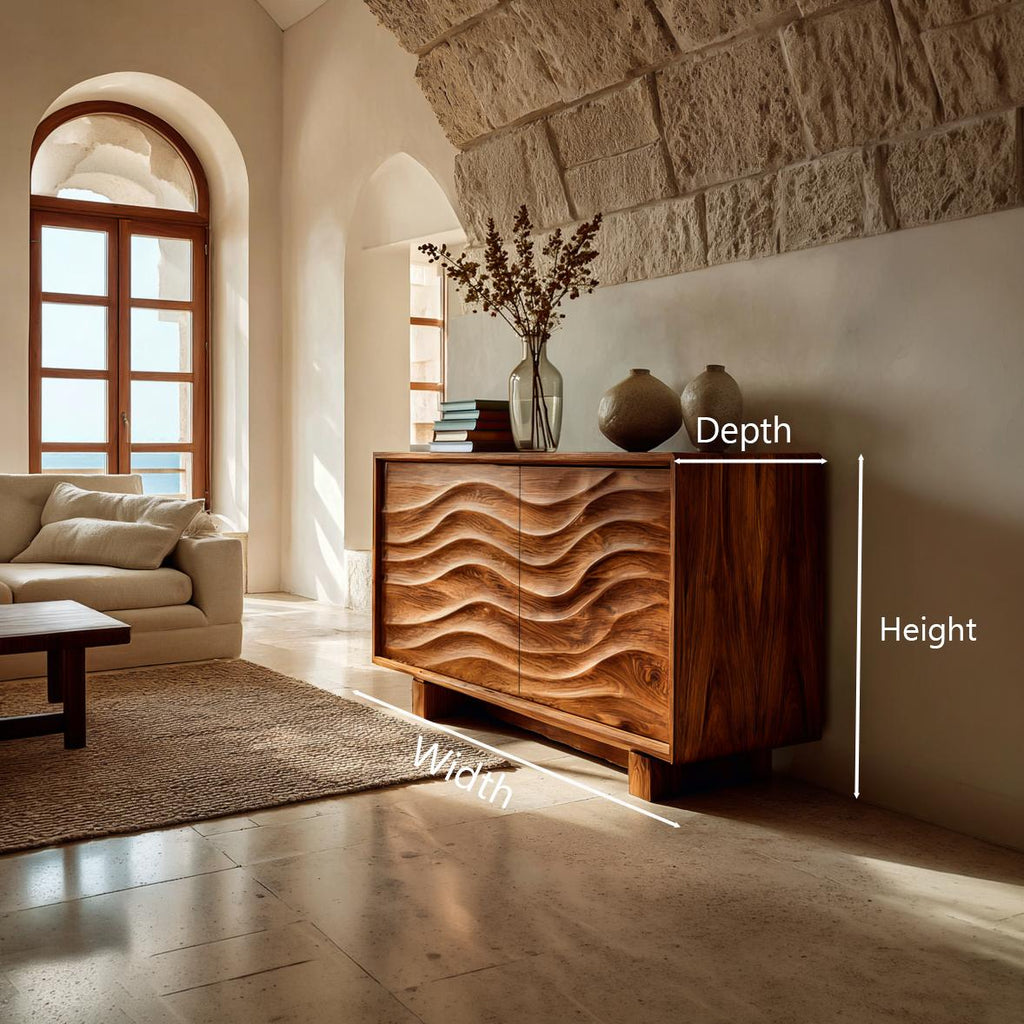 Wooden Sideboard 3D Wave Carving For Kitchen RTTHTTSD058