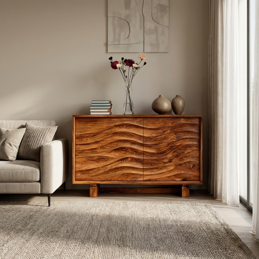 Wooden Sideboard 3D Wave Carving For Kitchen RTTHTTSD058