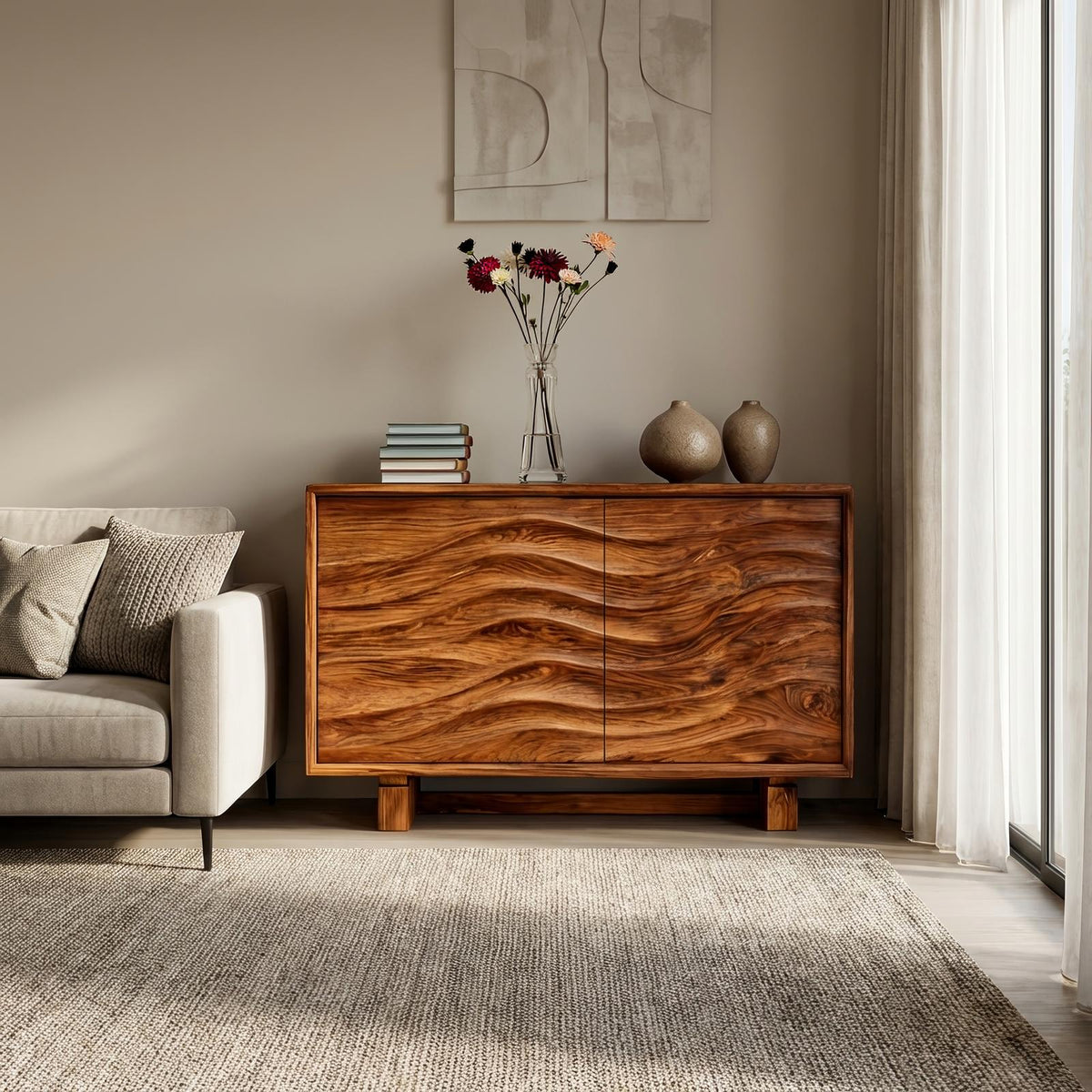 Wooden Sideboard 3D Wave Carving For Kitchen RTTHTTSD058