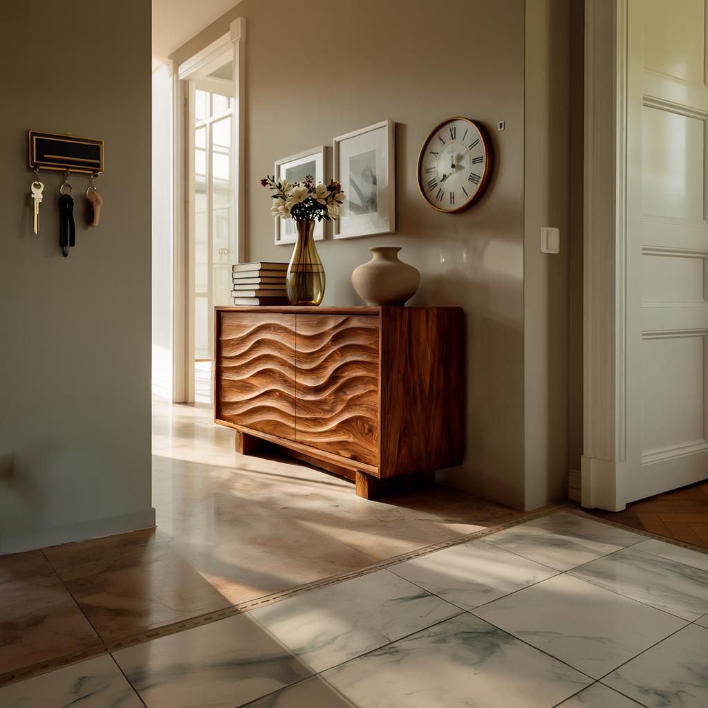 Wooden Sideboard 3D Wave Carving For Kitchen RTTHTTSD058