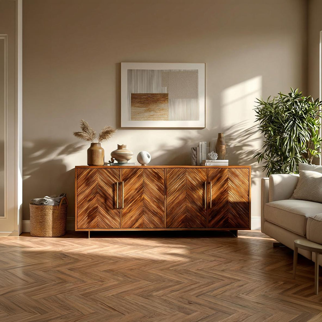 Sculptural Wood Sideboard with Layered Wave Doors, Luxury Handcrafted Solid Wood Credenza Cabinet for Home, Model
