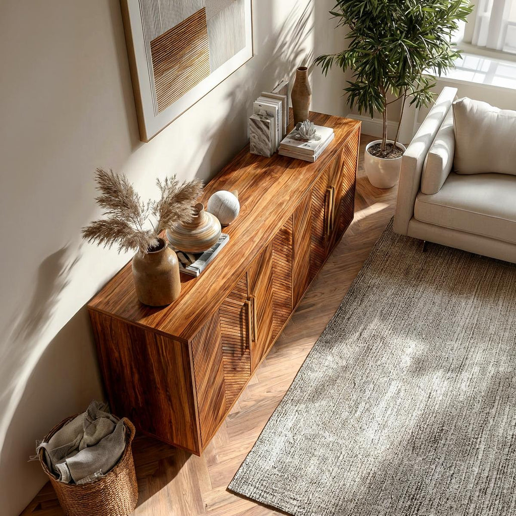 Sculptural Wood Sideboard with Layered Wave Doors, Luxury Handcrafted Solid Wood Credenza Cabinet for Home, Model