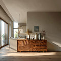 Wooden Sideboard with Sculpted Wave Doors, Handcrafted Solid Wood Credenza Storage Cabinet for Dining Room, Model