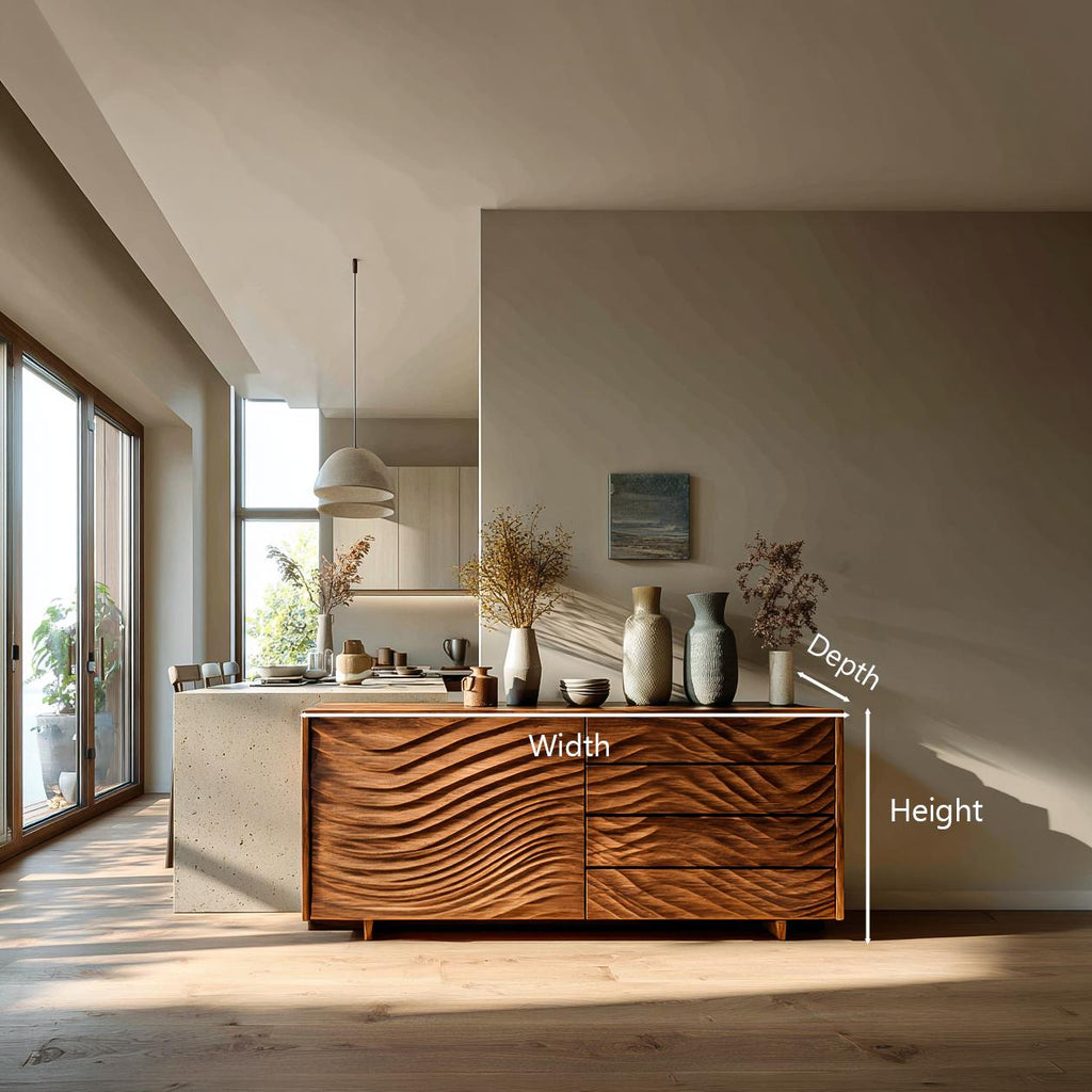 Wooden Sideboard with Sculpted Wave Doors, Handcrafted Solid Wood Credenza Storage Cabinet for Dining Room, Model