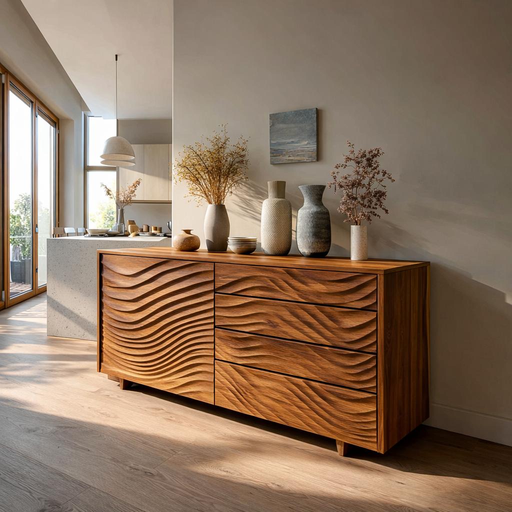 Wooden Sideboard with Sculpted Wave Doors, Handcrafted Solid Wood Credenza Storage Cabinet for Dining Room, Model