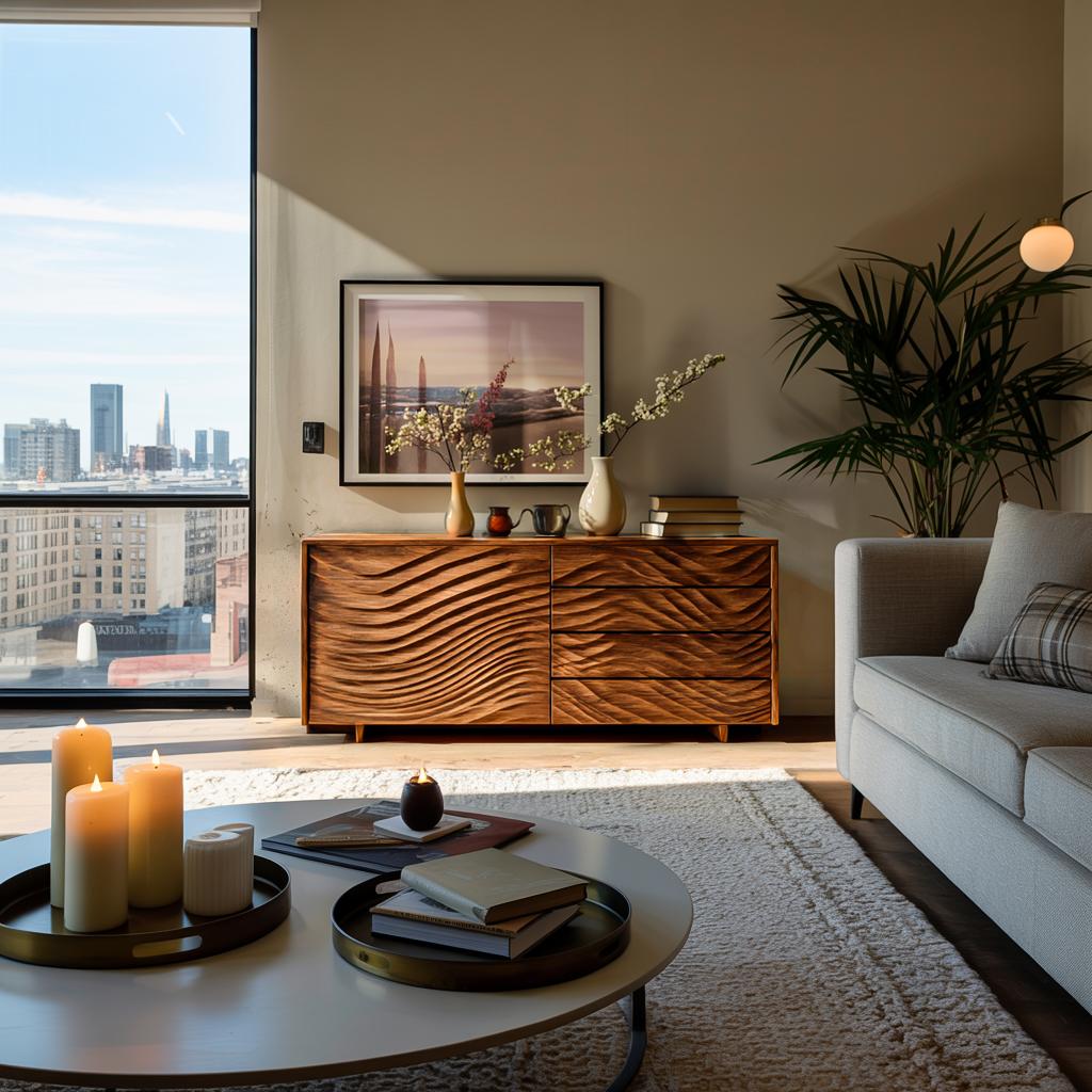 Wooden Sideboard with Sculpted Wave Doors, Handcrafted Solid Wood Credenza Storage Cabinet for Dining Room, Model