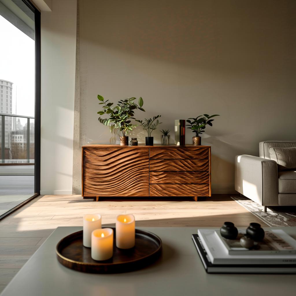 Wooden Sideboard with Sculpted Wave Doors, Handcrafted Solid Wood Credenza Storage Cabinet for Dining Room, Model