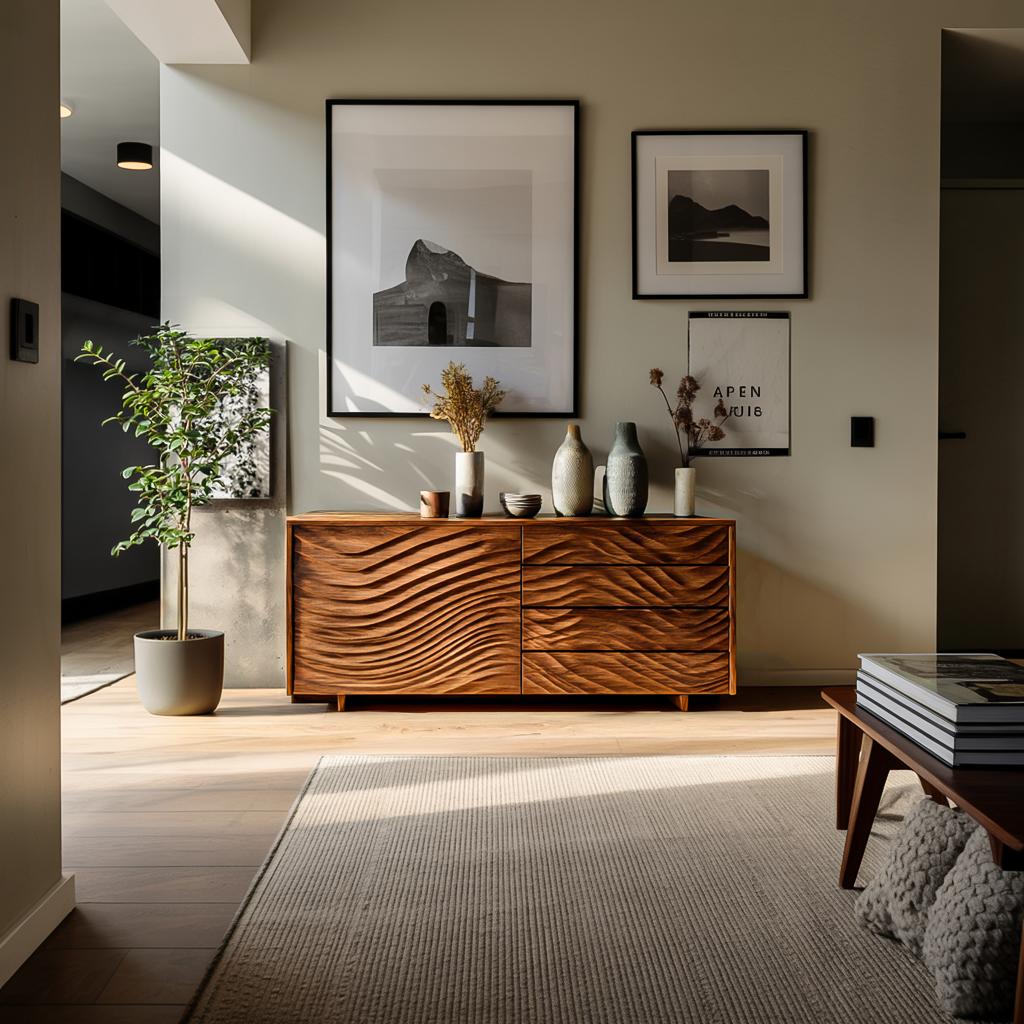 Wooden Sideboard with Sculpted Wave Doors, Handcrafted Solid Wood Credenza Storage Cabinet for Dining Room, Model