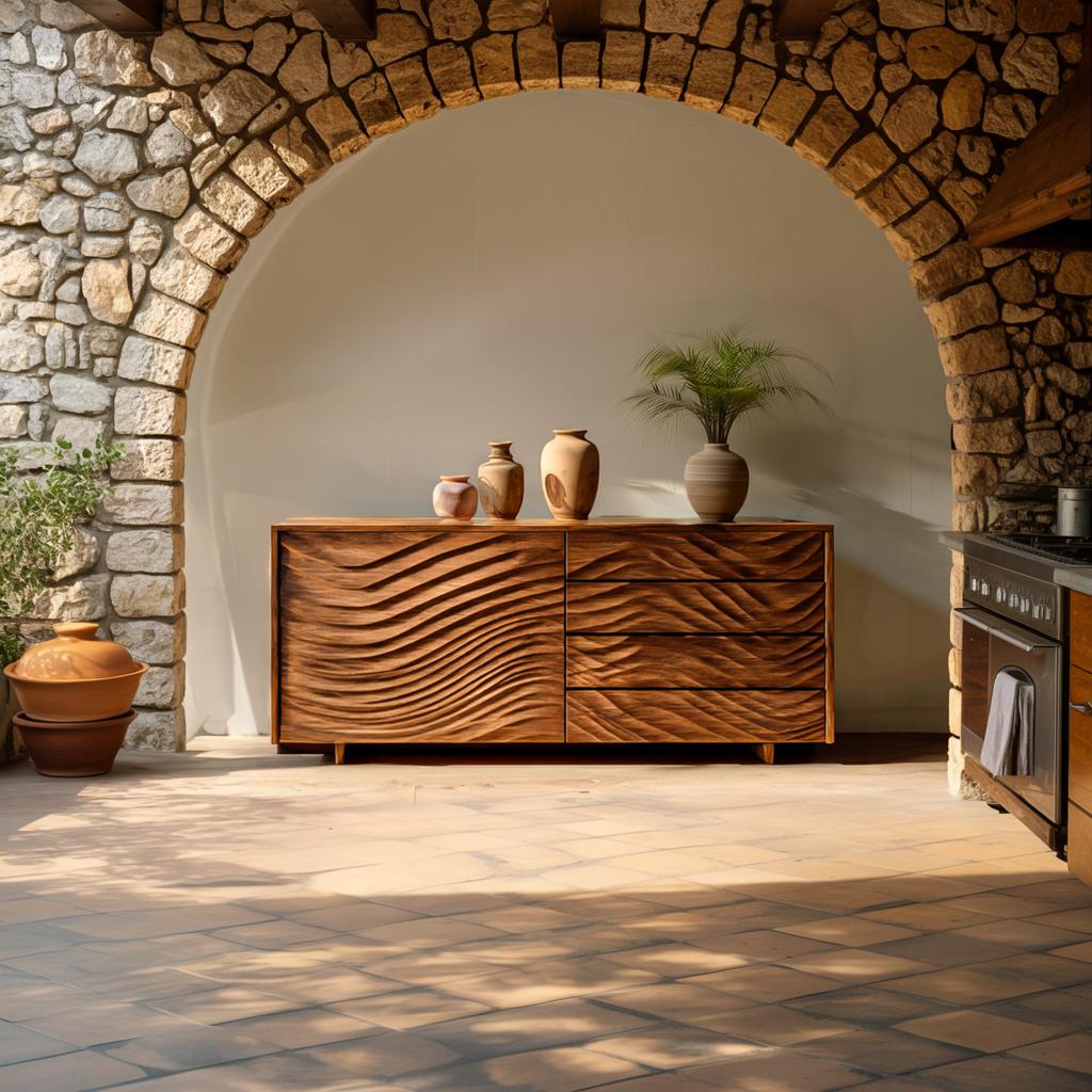 Wooden Sideboard with Sculpted Wave Doors, Handcrafted Solid Wood Credenza Storage Cabinet for Dining Room, Model