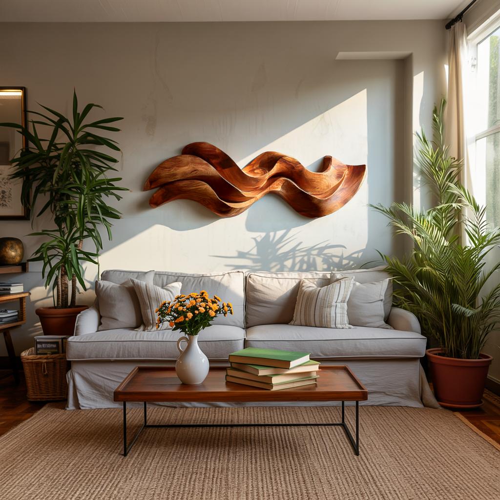 Organic Flowing Wooden Wall Art, 3D Abstract Hand-Carved Wood Sculpture Panel for Living Room & Bedroom