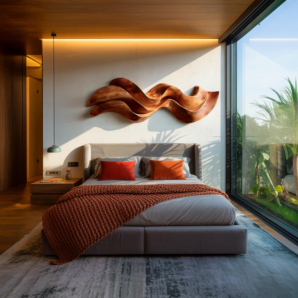 Organic Flowing Wooden Wall Art, 3D Abstract Hand-Carved Wood Sculpture Panel for Living Room & Bedroom