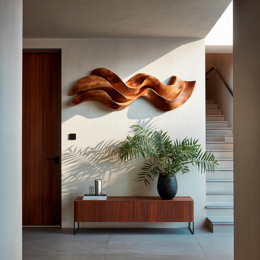 Organic Flowing Wooden Wall Art, 3D Abstract Hand-Carved Wood Sculpture Panel for Living Room & Bedroom