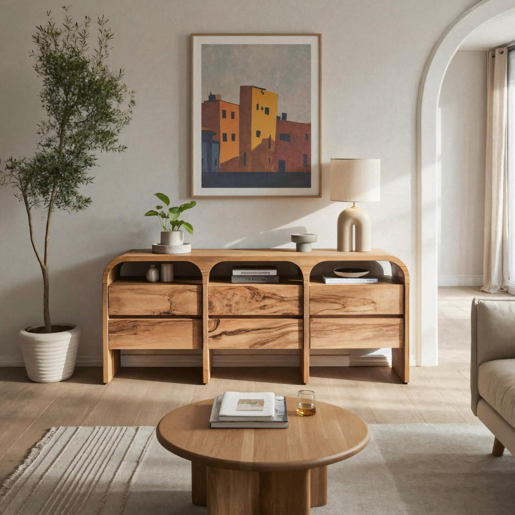 Spry Interior Modern Curved Wood Sideboard, Contemporary Buffet Cabinet & Entryway Credenza Console for Living Room, SITHTTSD001