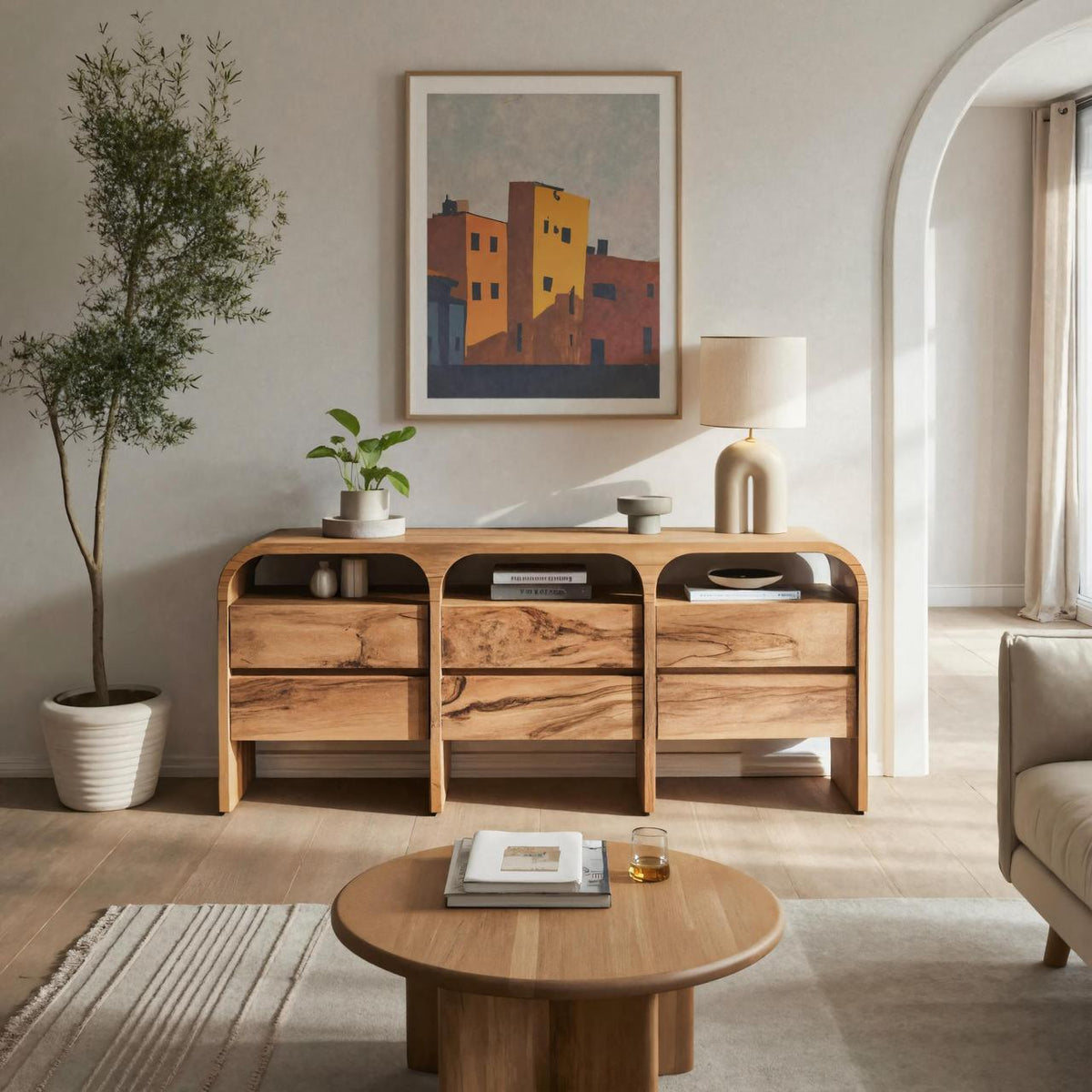 Spry Interior Modern Curved Wood Sideboard, Contemporary Buffet Cabinet & Entryway Credenza Console for Living Room, SITHTTSD001