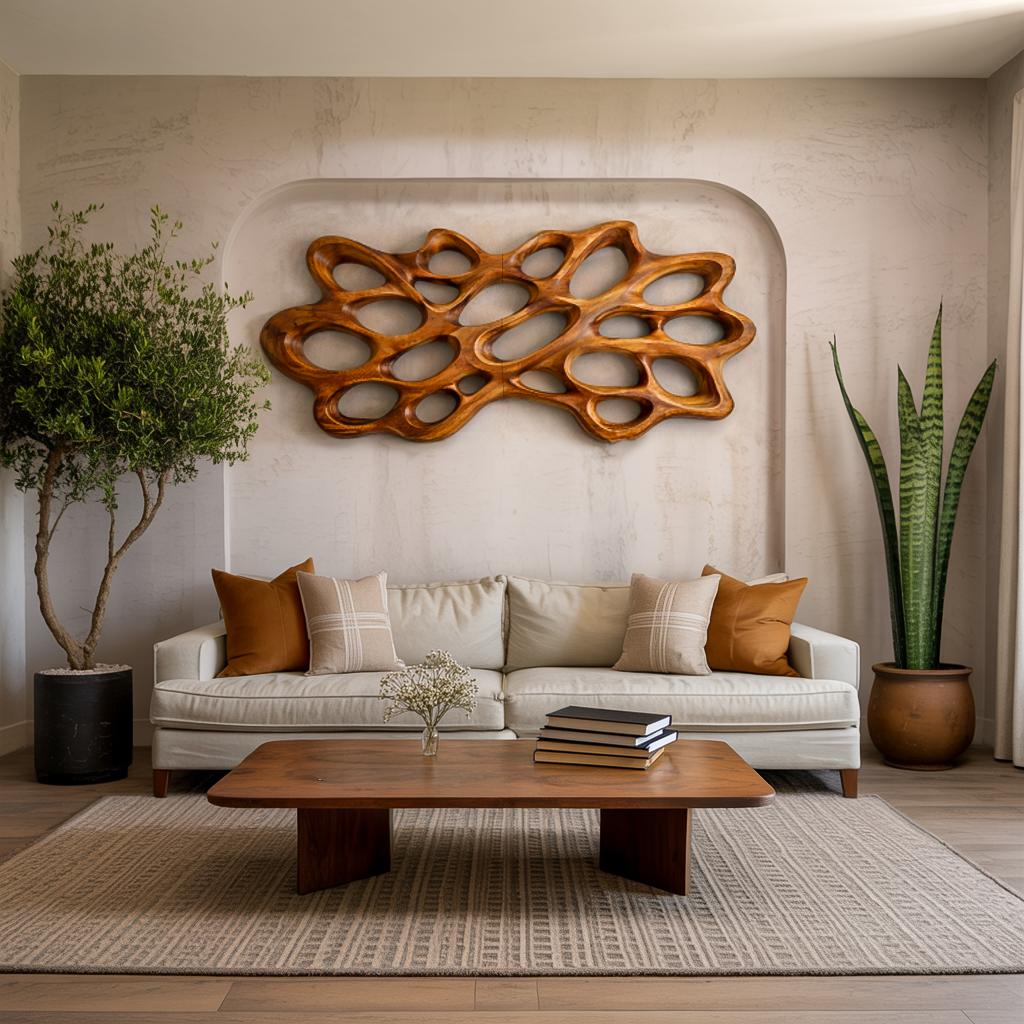 Contemporary Wood Wall Art, Modern Abstract 3D Hand-Carved Wooden Sculpture Panel for Bedroom & Living Room