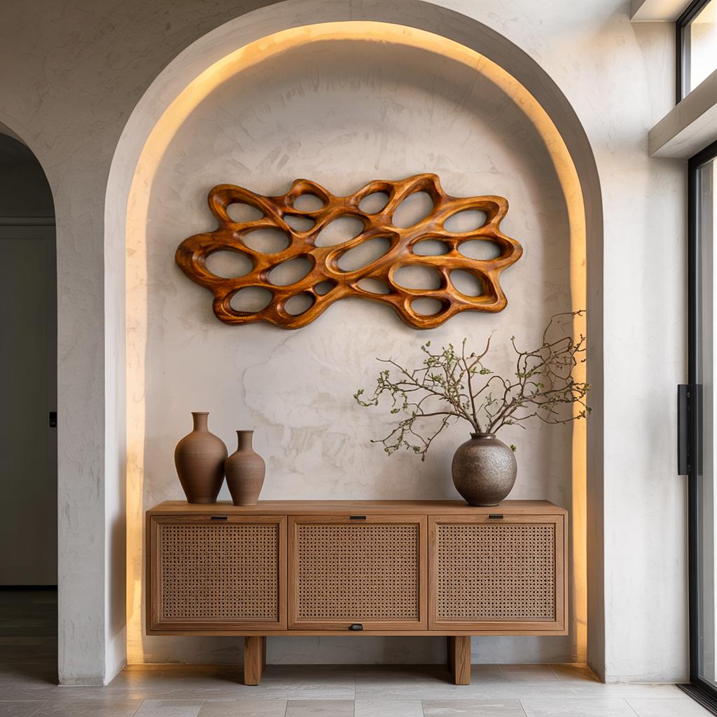 Contemporary Wood Wall Art, Modern Abstract 3D Hand-Carved Wooden Sculpture Panel for Bedroom & Living Room