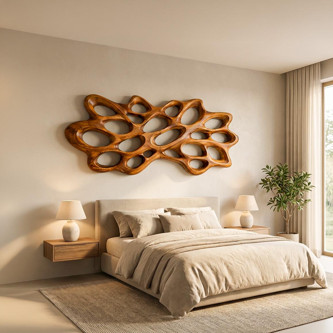 Contemporary Wood Wall Art, Modern Abstract 3D Hand-Carved Wooden Sculpture Panel for Bedroom & Living Room