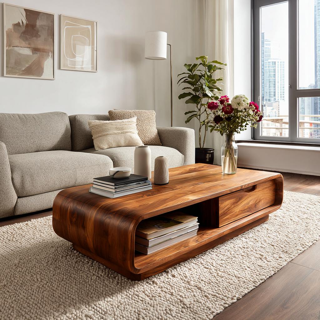 Spry Interior Modern Wooden Coffee Table with Drawer & Curved Silhouette, Minimalist Storage Center Table, Model RTTHTTCF045
