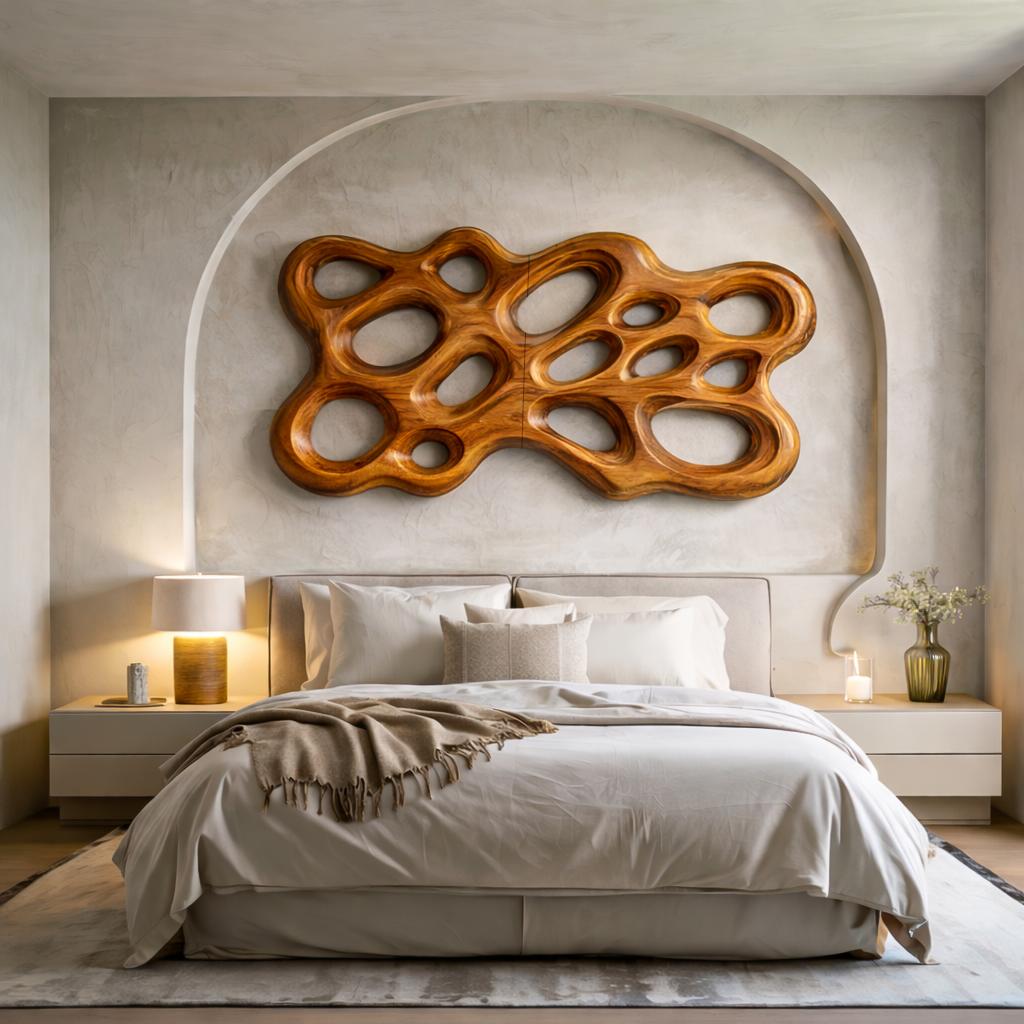Contemporary Wooden Wall Art, Abstract Cutout 3D Hand-Carved Wooden Sculpture Panel for Bedroom Decor