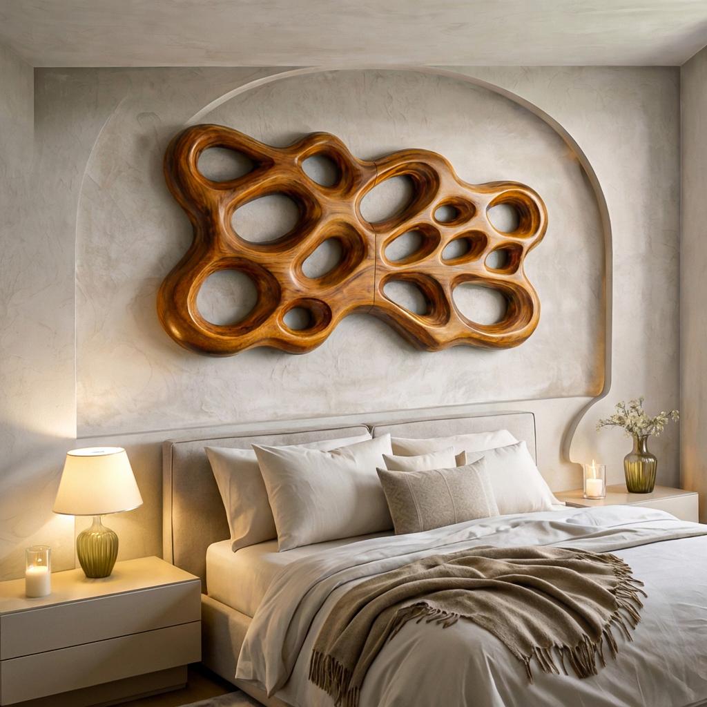 Contemporary Wooden Wall Art, Abstract Cutout 3D Hand-Carved Wooden Sculpture Panel for Bedroom Decor
