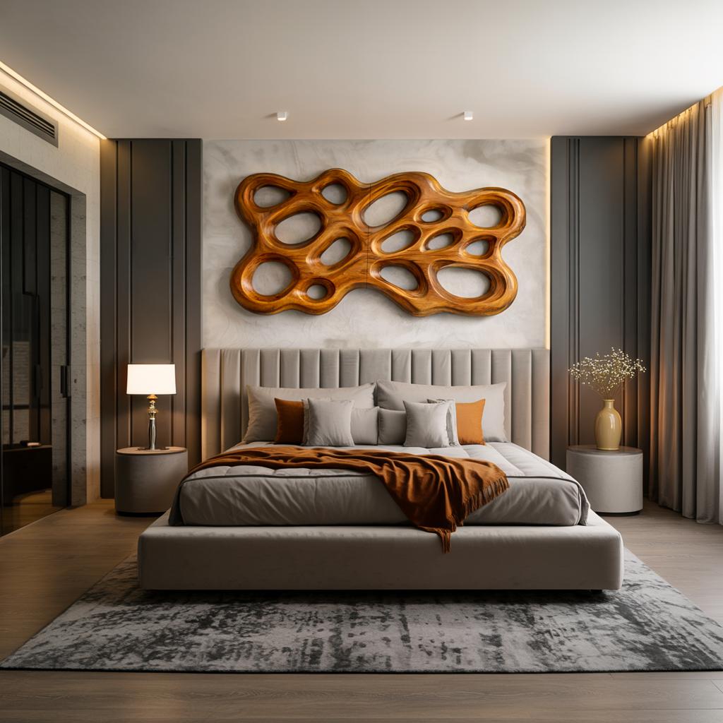 Contemporary Wooden Wall Art, Abstract Cutout 3D Hand-Carved Wooden Sculpture Panel for Bedroom Decor