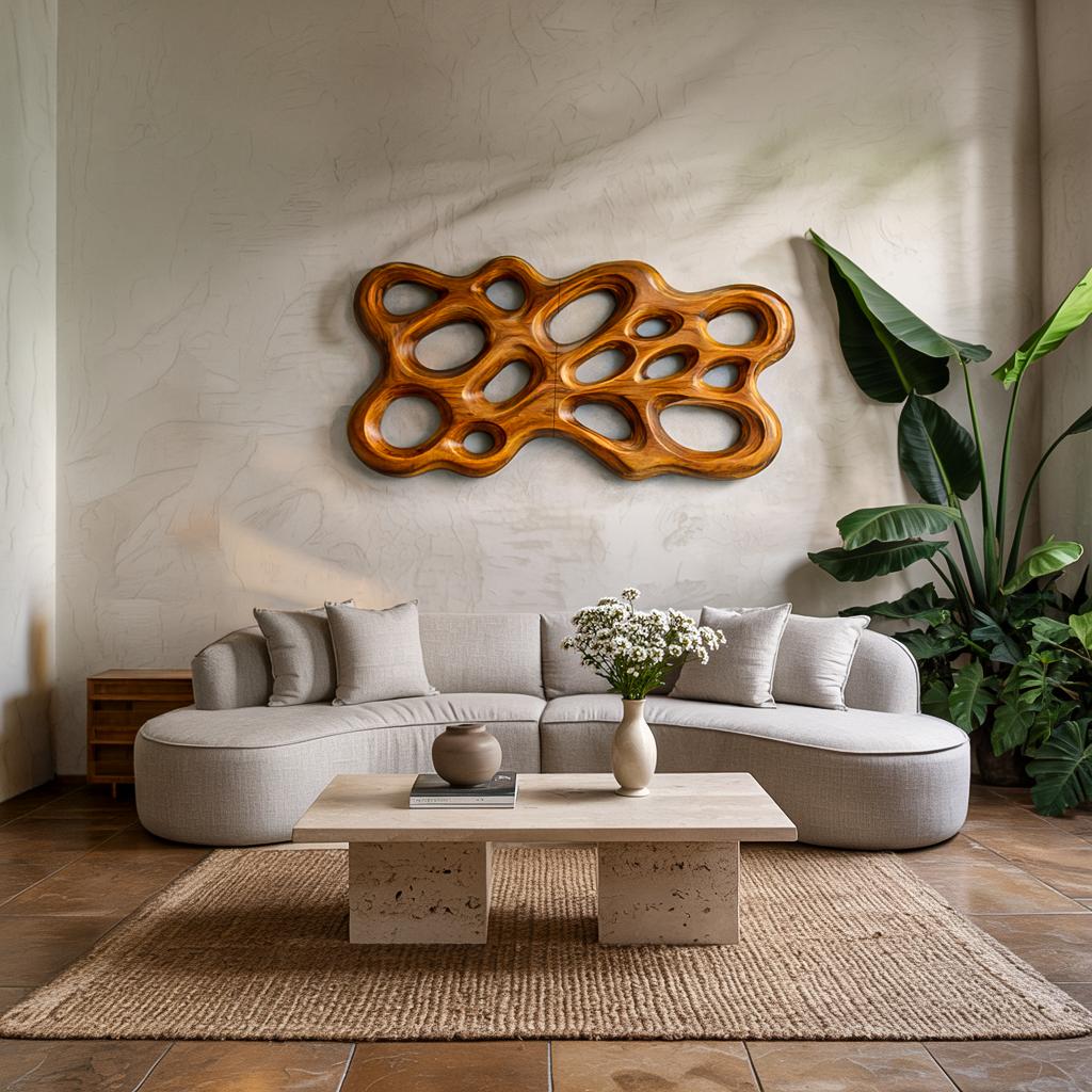 Contemporary Wooden Wall Art, Abstract Cutout 3D Hand-Carved Wooden Sculpture Panel for Bedroom Decor