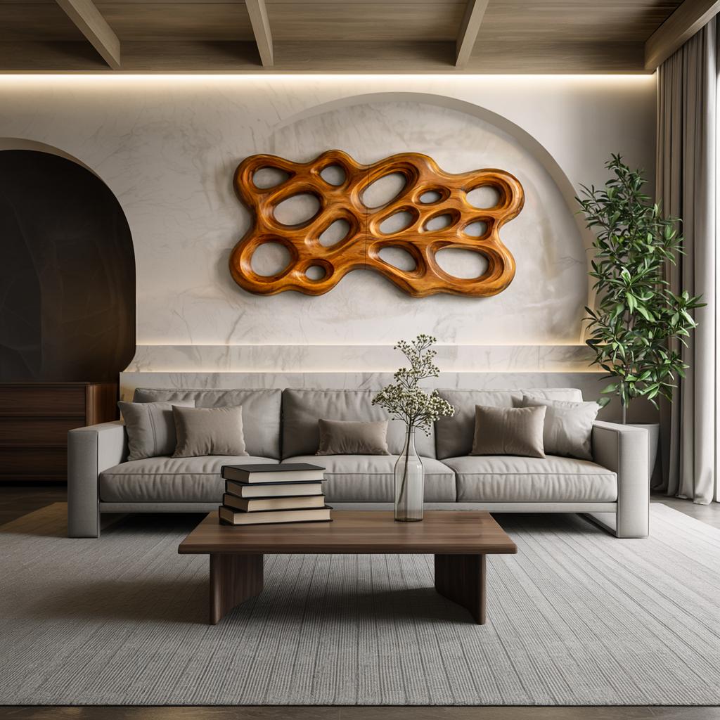 Contemporary Wooden Wall Art, Abstract Cutout 3D Hand-Carved Wooden Sculpture Panel for Bedroom Decor