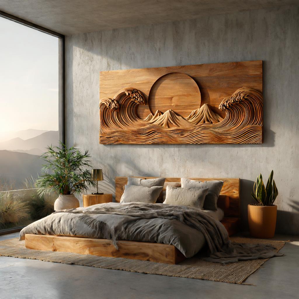 Modern Wooden Ocean Wave Wall Art, Hand-Carved 3D Wood Sculpture Panel for Bedroom & Living Room Decor