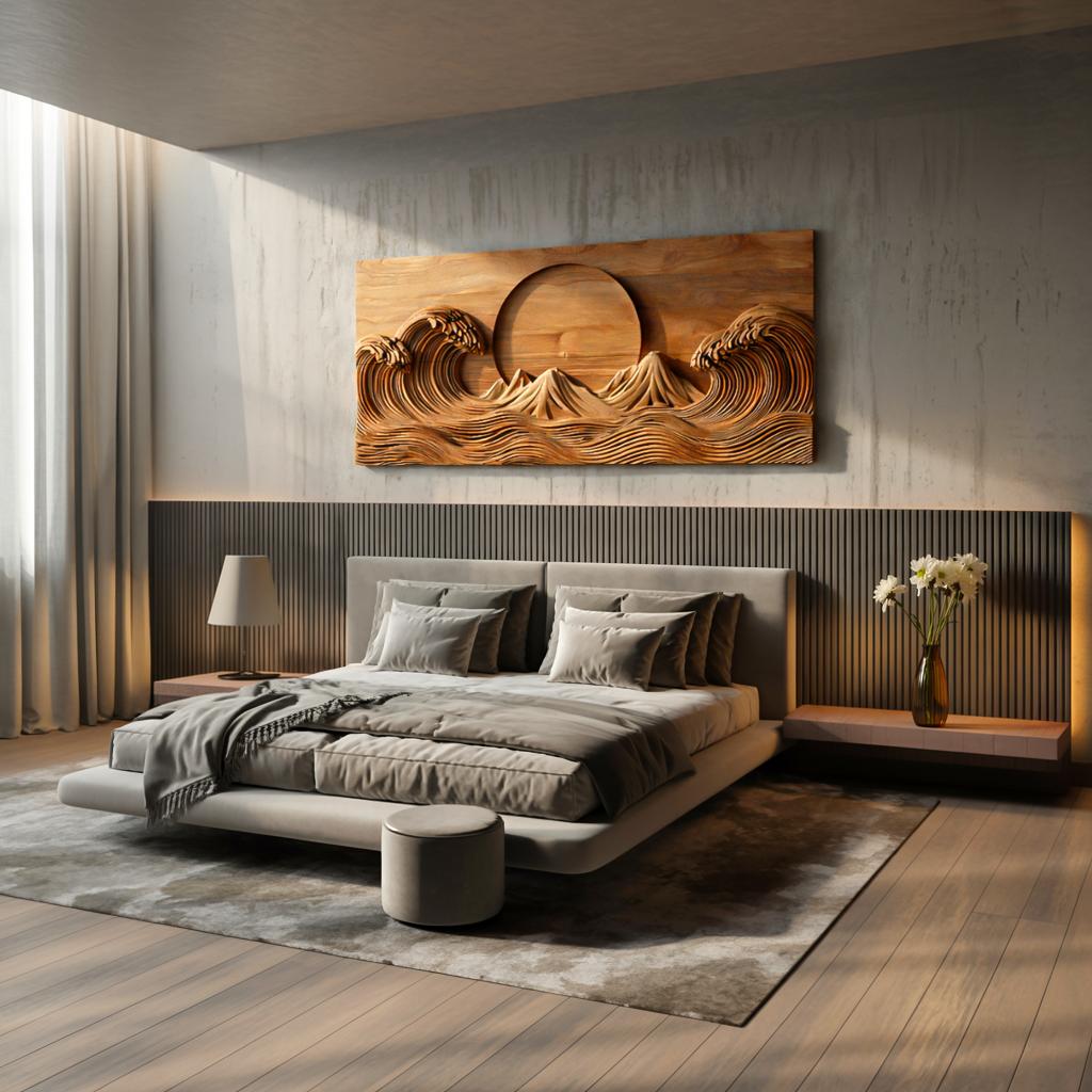 Modern Wooden Ocean Wave Wall Art, Hand-Carved 3D Wood Sculpture Panel for Bedroom & Living Room Decor
