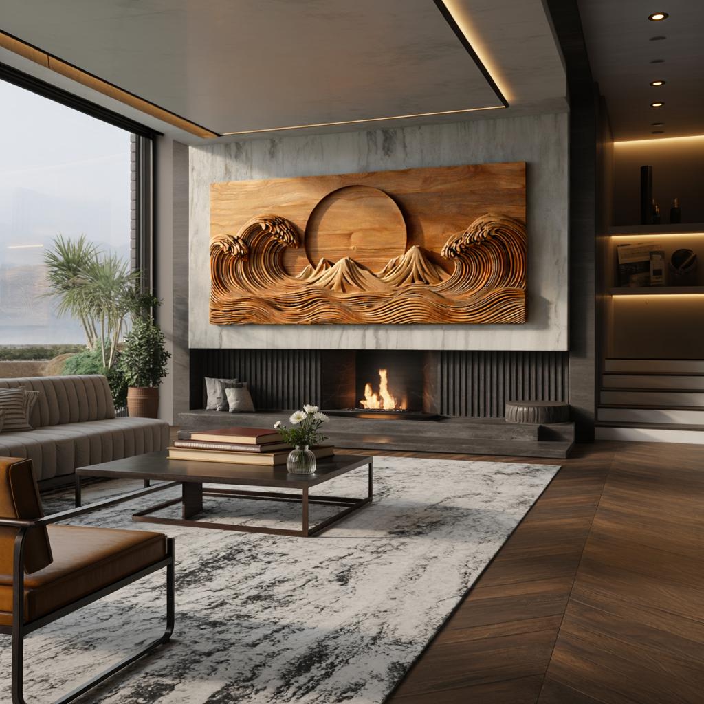 Modern Wooden Ocean Wave Wall Art, Hand-Carved 3D Wood Sculpture Panel for Bedroom & Living Room Decor