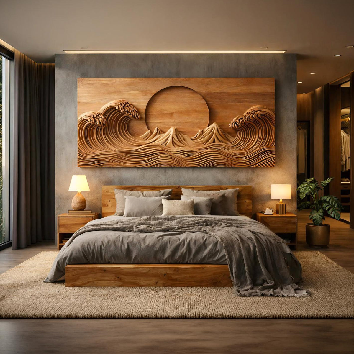 Modern Wooden Ocean Wave Wall Art, Hand-Carved 3D Wood Sculpture Panel for Bedroom & Living Room Decor