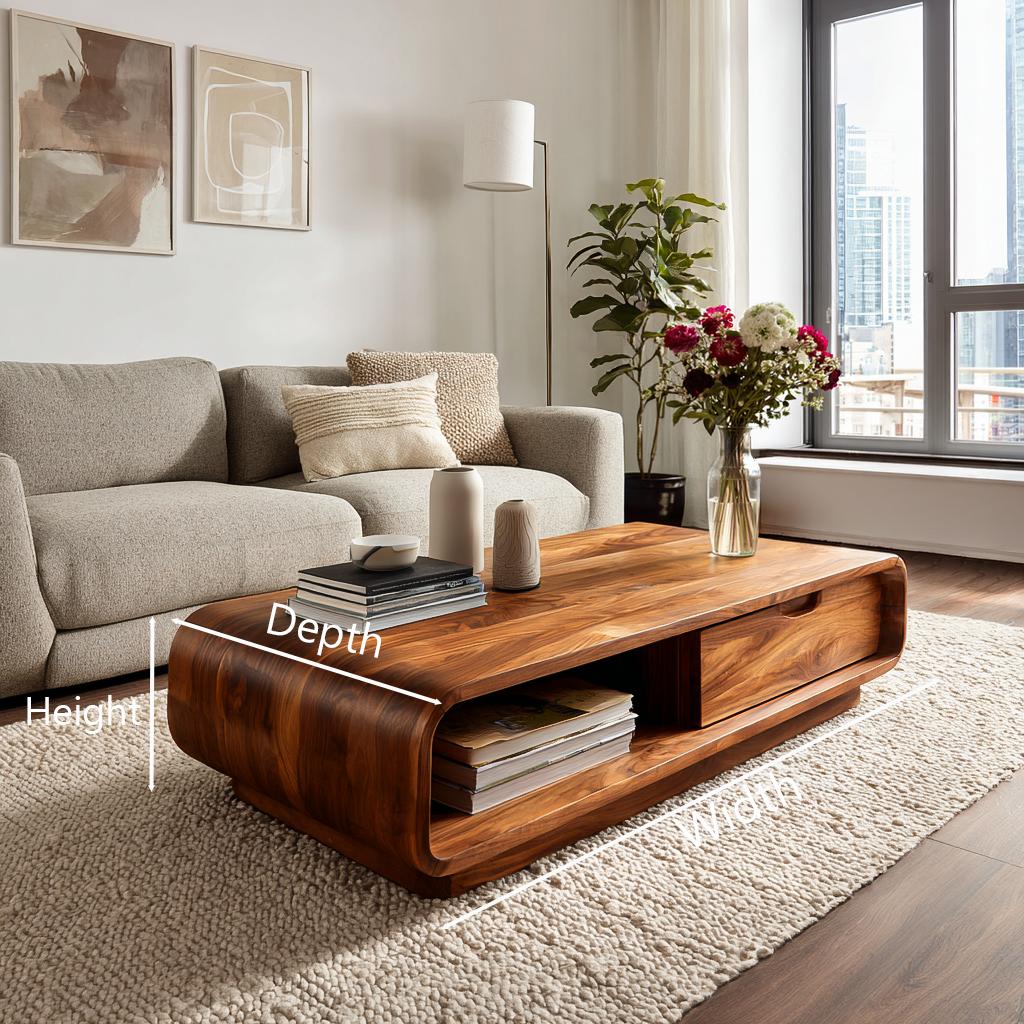 Teezano Modern Wooden Coffee Table with Drawer & Curved Silhouette, Minimalist Storage Center Table, Model RTTHTTCF045