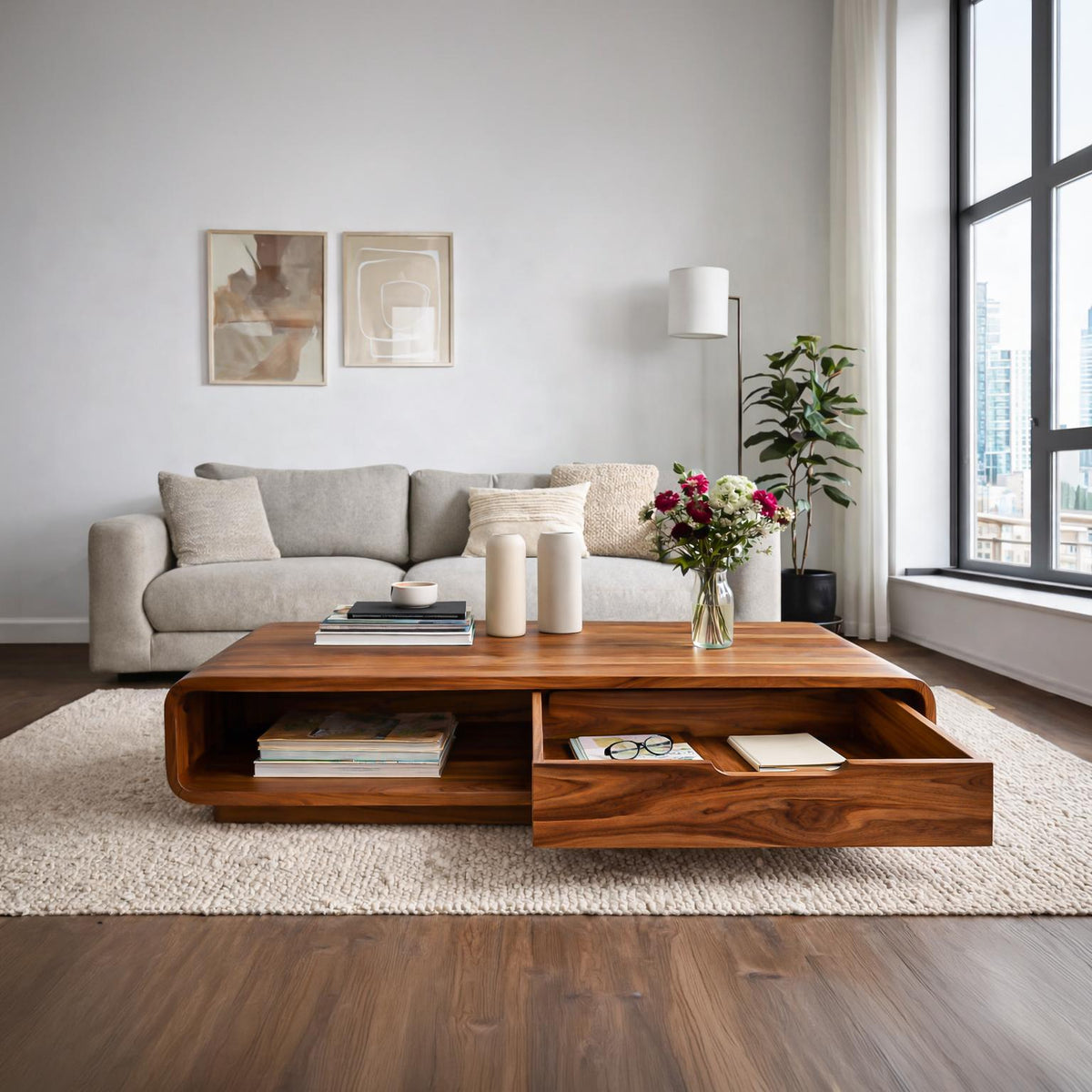 Teezano Modern Wooden Coffee Table with Drawer & Curved Silhouette, Minimalist Storage Center Table, Model RTTHTTCF045
