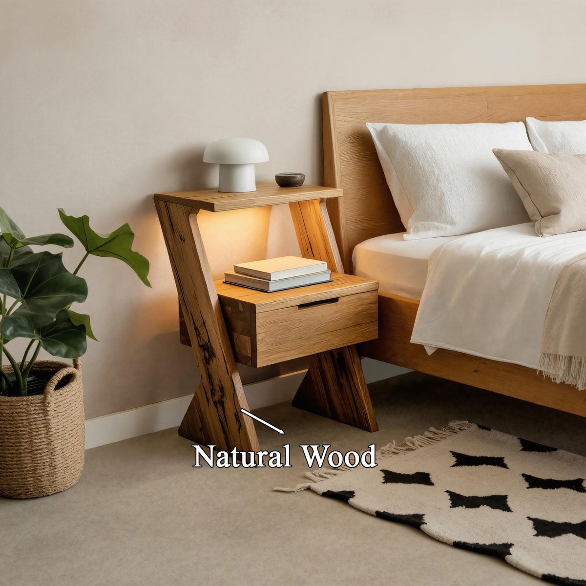 Spry Interior Modern Solid Wood Nightstand with Drawer and Storage Shelf, Handcrafted Bedside Table for Bedroom Decor SITHTTNS009