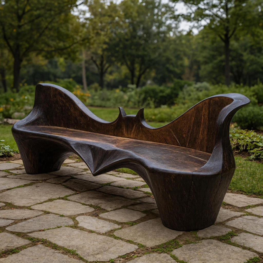 Artistic Sculpted Solid Wood Outdoor Bench, Organic Design Wooden Seating for Garden, Patio & Backyard