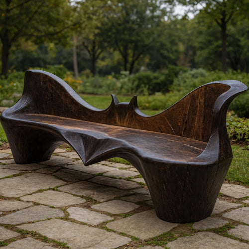Artistic Sculpted Solid Wood Outdoor Bench, Organic Design Wooden Seating for Garden, Patio & Backyard
