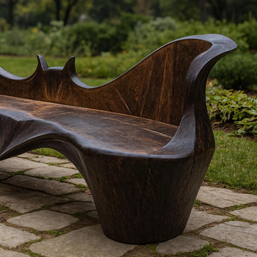 Artistic Sculpted Solid Wood Outdoor Bench, Organic Design Wooden Seating for Garden, Patio & Backyard