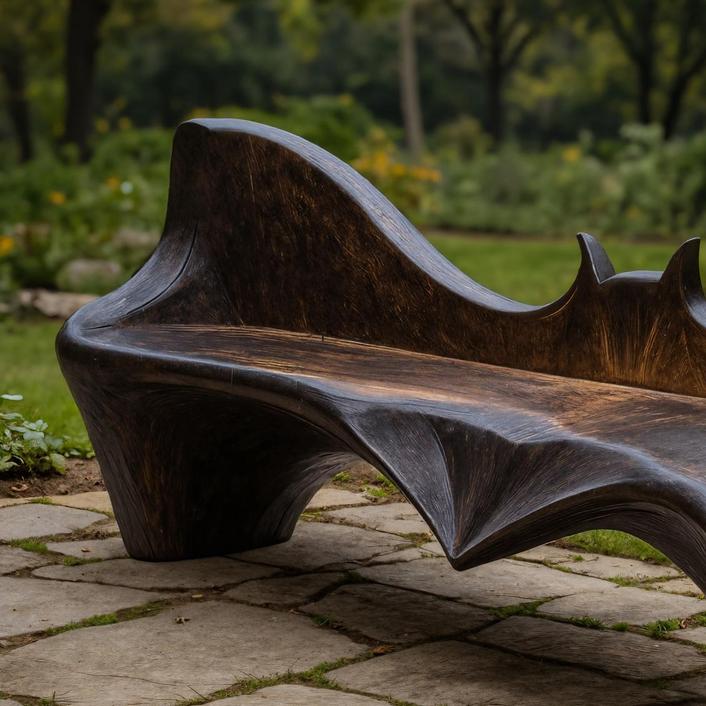 Artistic Sculpted Solid Wood Outdoor Bench, Organic Design Wooden Seating for Garden, Patio & Backyard