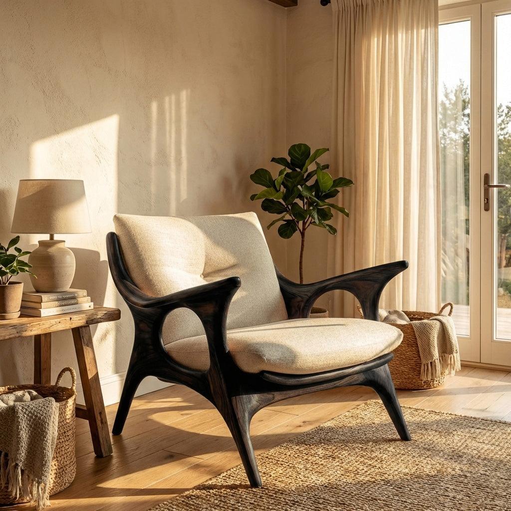 Minimalist Wooden Lounge Chair, Mid-Century Modern Solid Wood Accent Armchair for Living Room Interior, Model