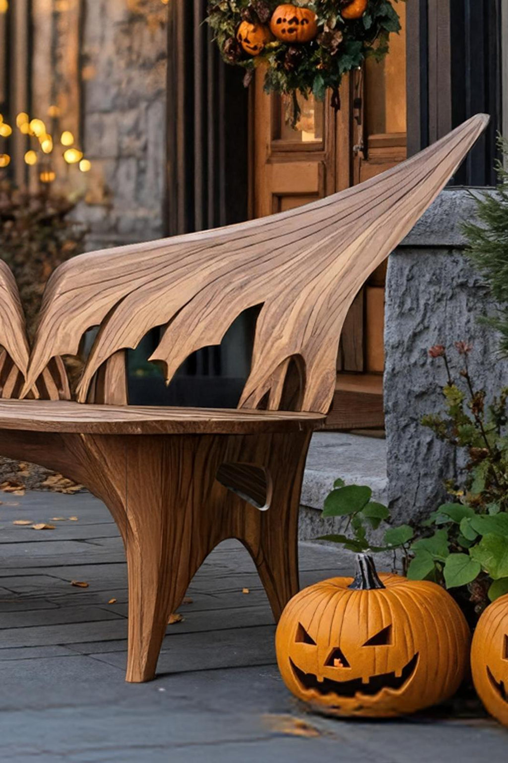 Spry Interior Rustic Wood Halloween Patio Chair, Spooky Carved Wooden Porch Rocker, Gothic Accent Armchair, Outdoor Decor, SILDTTNHOB019