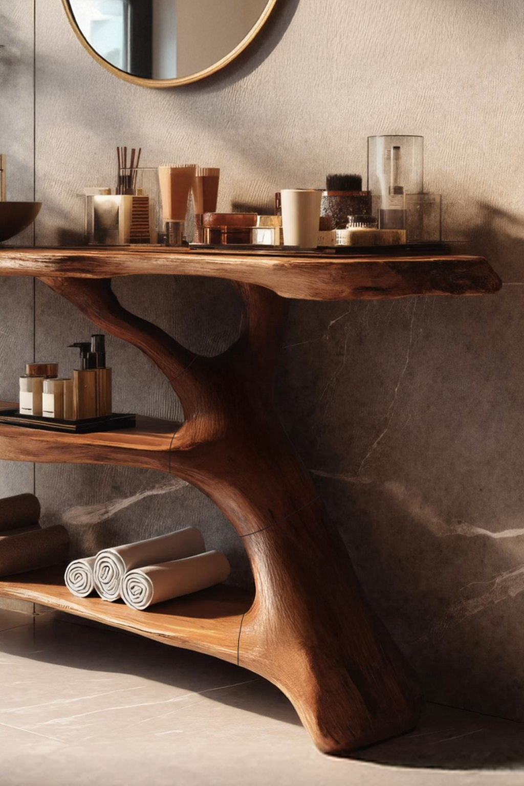 Farmhouse Live Edge Bathroom Vanity, Solid Wood Tree Trunk Slab Sink Console for Rustic Bathroom Decor