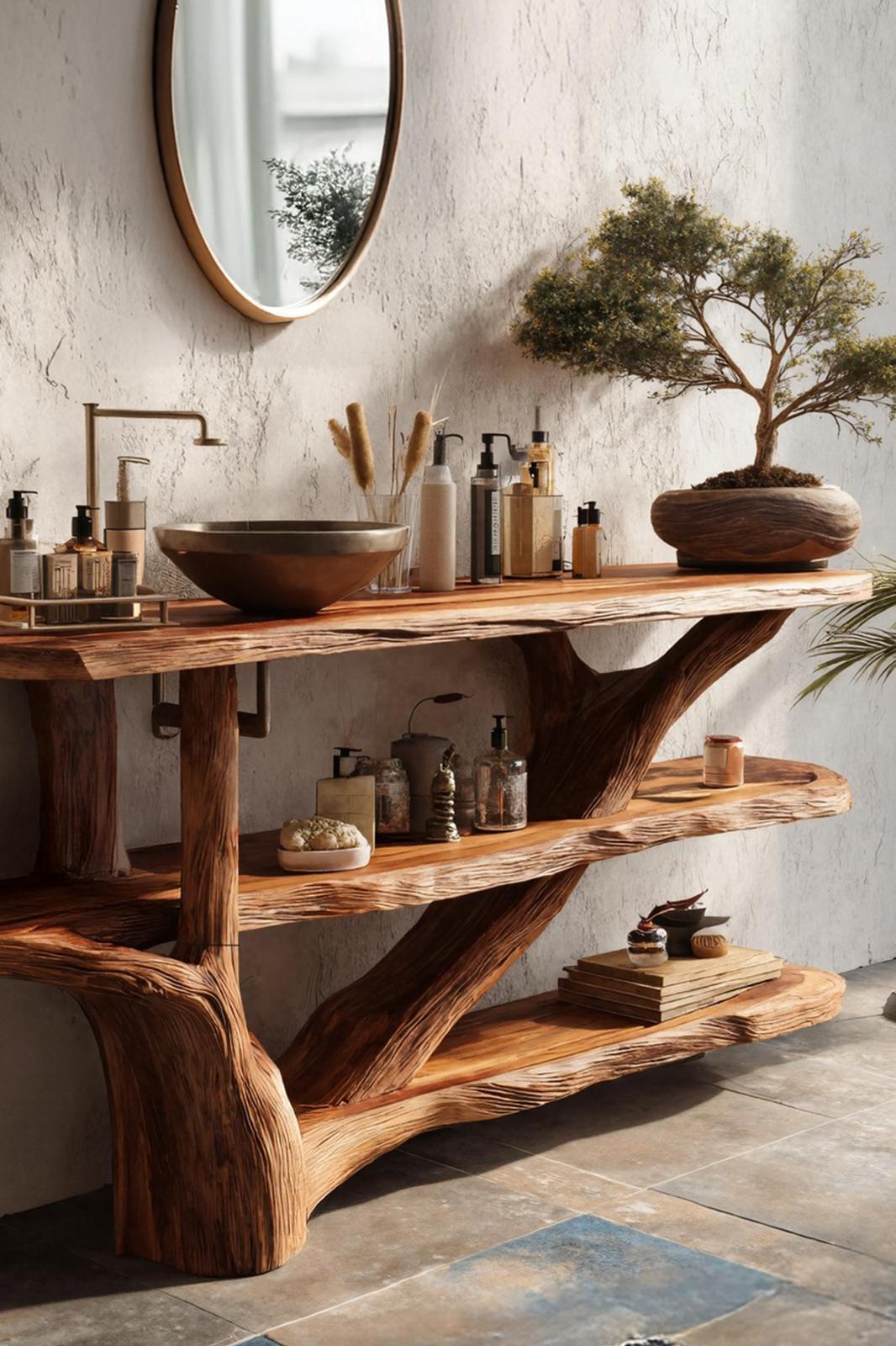 Teezano Mid Century Live Edge Bathroom Vanity, Solid Wood Tree Trunk Sink Console for Contemporary Bathroom Decor, SILDTTRBRV098