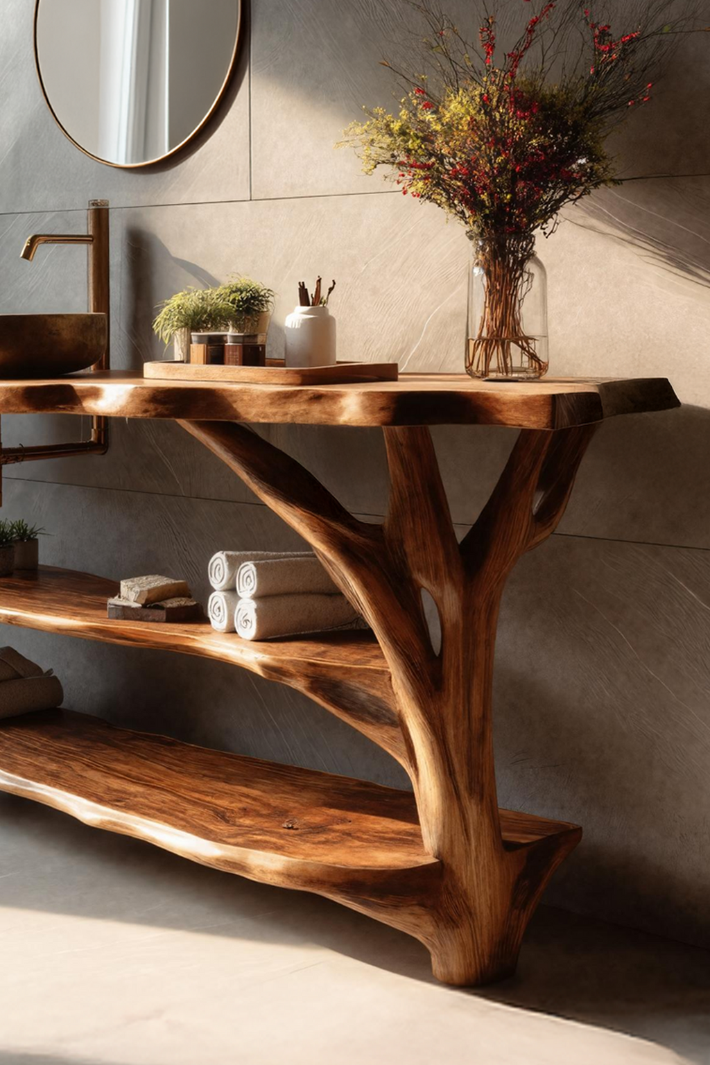 Farmhouse Live Edge Bathroom Vanity, Solid Wood Slab Sink Console Table for Rustic Bathroom Remodel