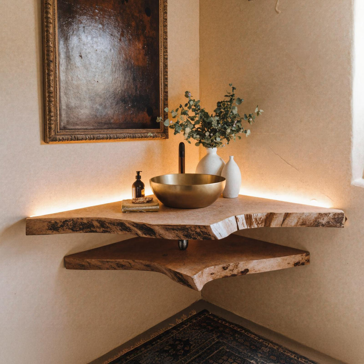 Live Edge Wood Corner Bathroom Vanity Shelf SILDTBRV071