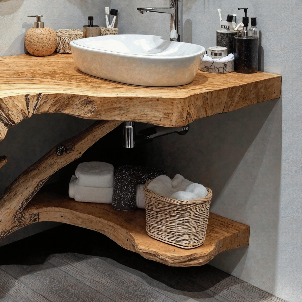 Natural Wood Corner Bathroom Vanity With Storage Underneath
