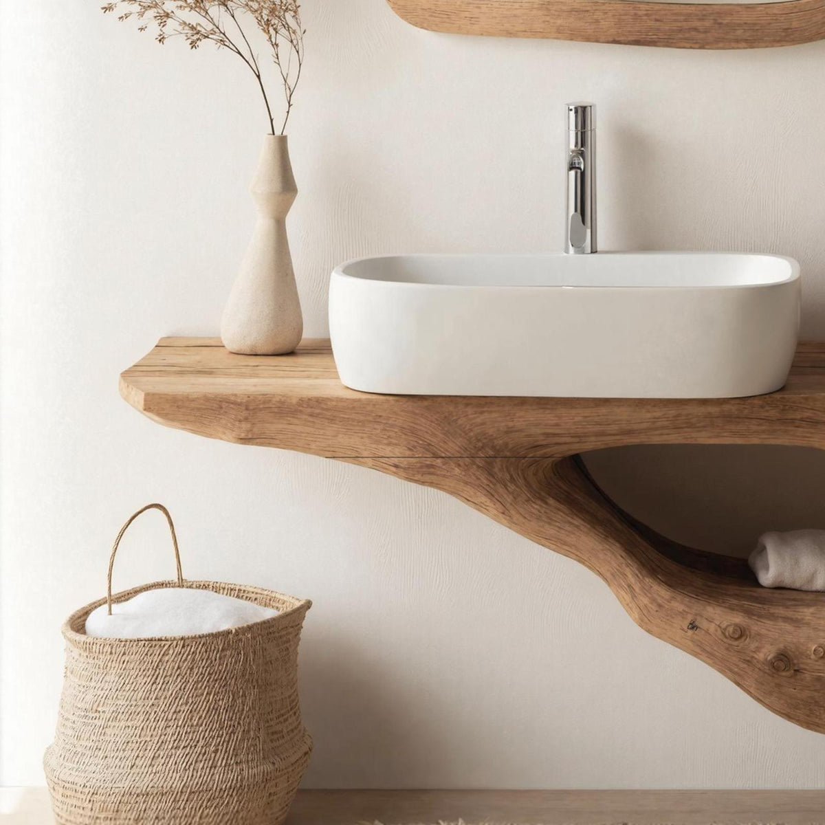 Spry Interior Mid Century Solid Wood Bathroom Furniture Set, Floating Shelves & Under Sink Vanity Cabinet Decor Storage, SILDTTNBAS008