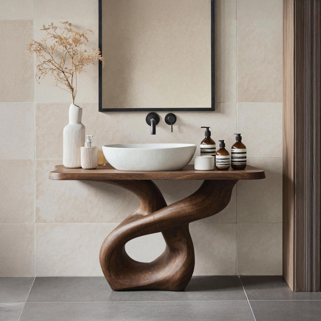 Handcrafted Solid Wood Bathroom Vanity, Unique Single Sink Cabinet Storage Console for Artistic Bath Style