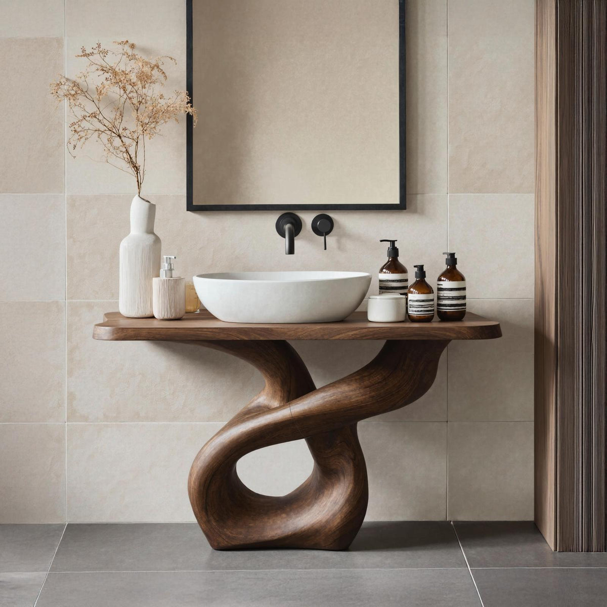 Handcrafted Solid Wood Bathroom Vanity, Unique Single Sink Cabinet Storage Console for Artistic Bath Style