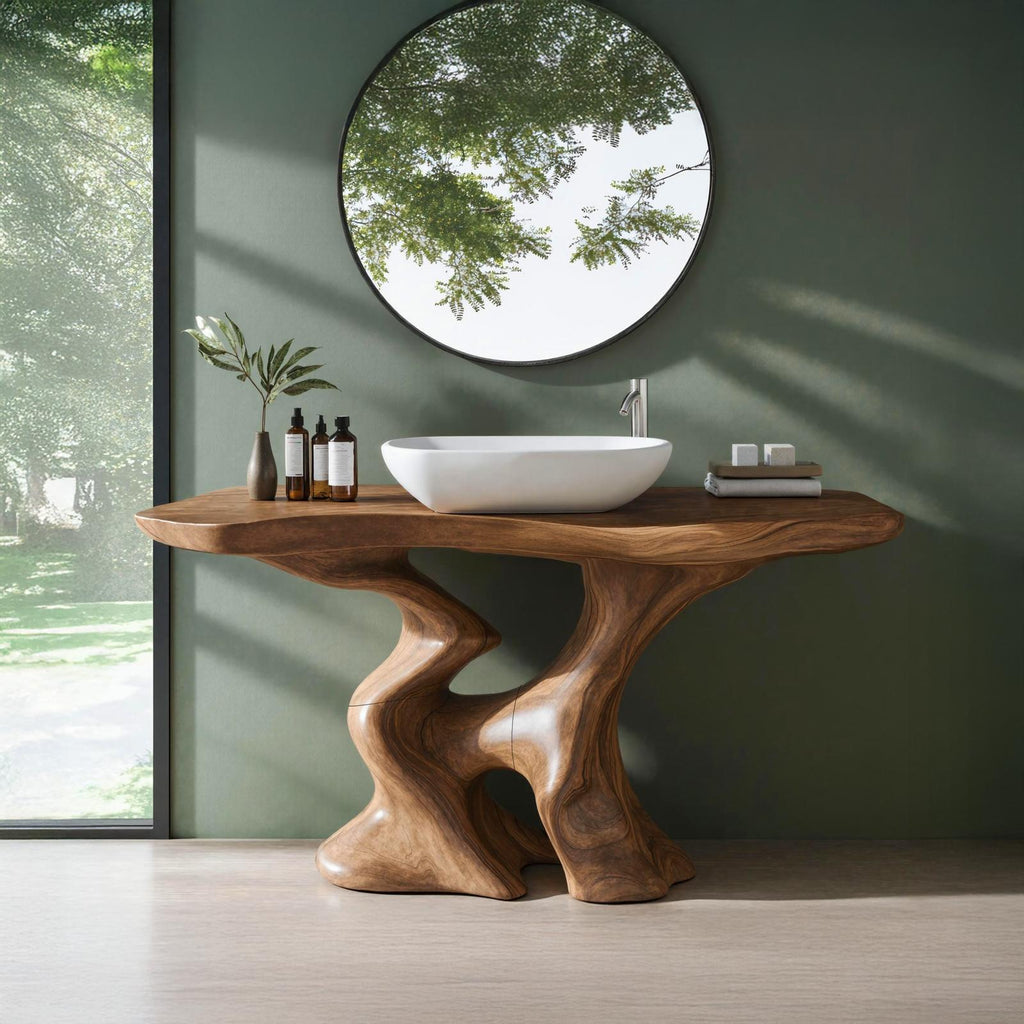 Mid Century Solid Wood Bathroom Vanity, Single Sink Storage Cabinet Console Unit for Minimalist Bathrooms