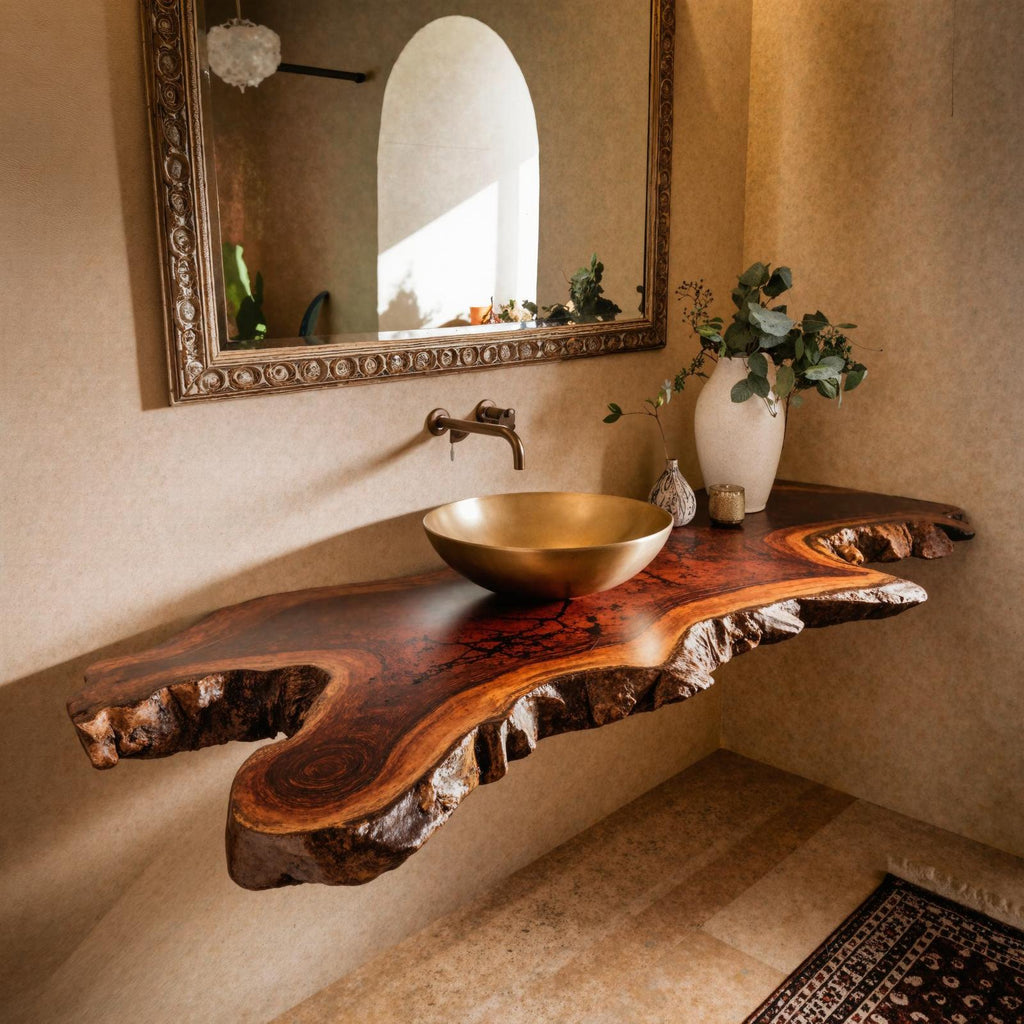 Teezano Rustic Bathroom Vanity Floating Shelf, Handcrafted Solid Wood Under-Sink Wall-Mounted Storage Unit, SILDTBRV091